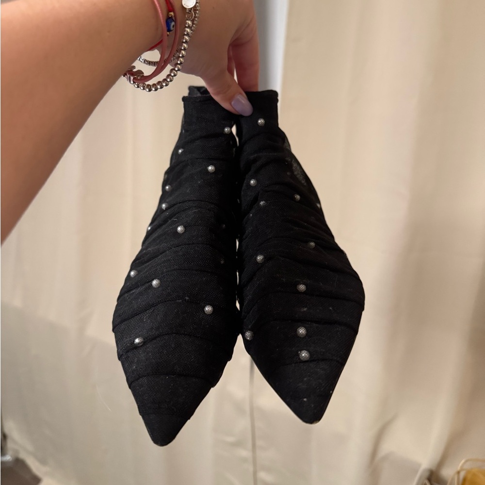 Zara Black Quilted Pointed Toe Booties with Pearl Accents